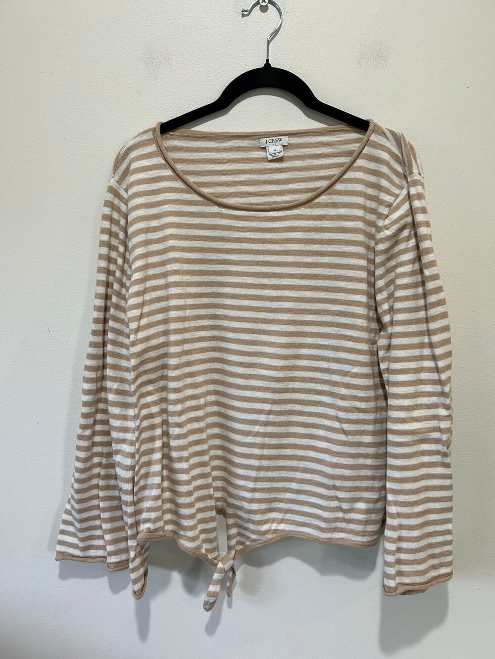 J. Crew tan white striped knit sweater womens XL round neck light weight